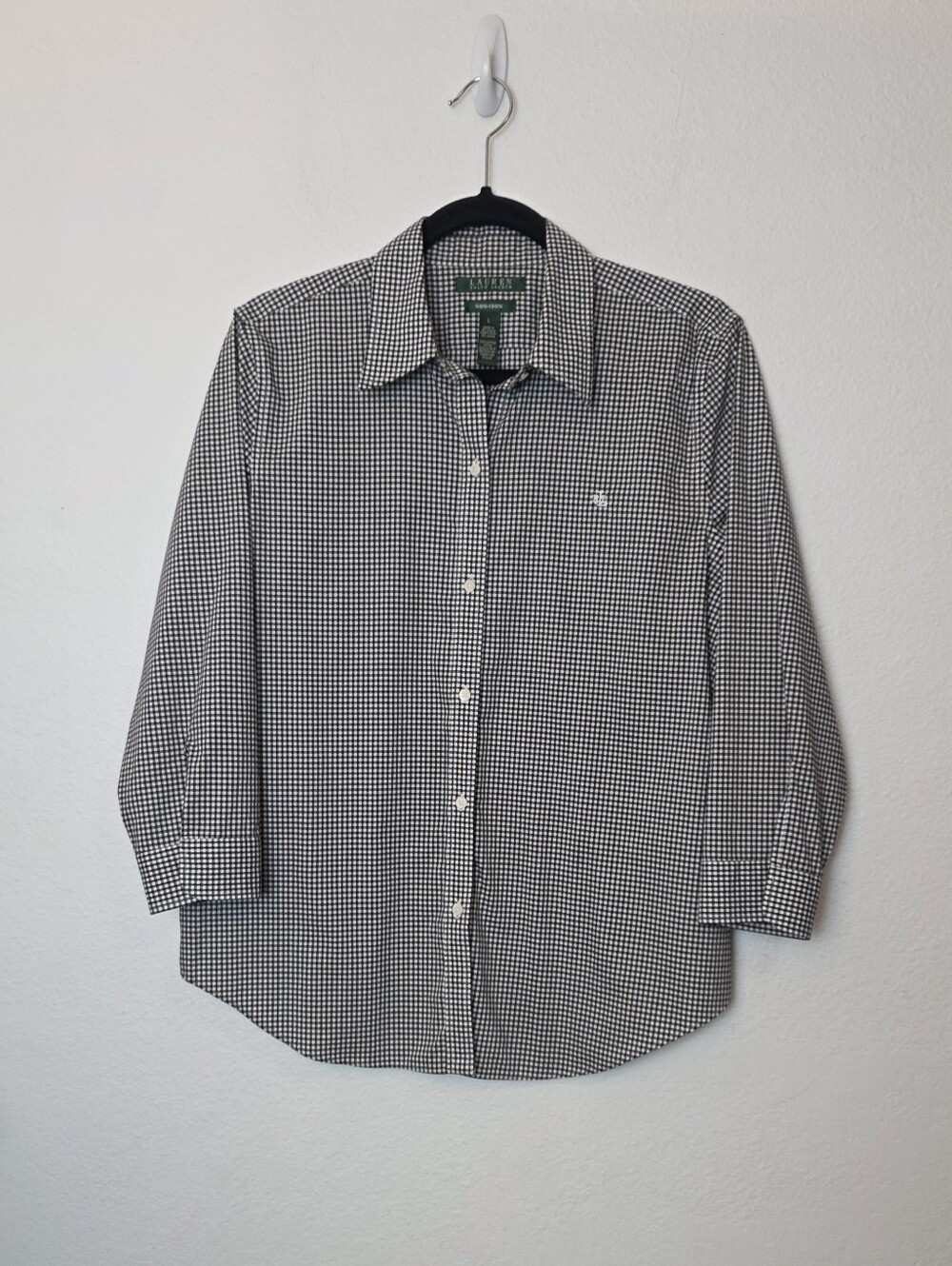 RALPH LAUREN Black Gingham 3/4 Sleeve Cotton Button Down Shirt No Iron Sz Large